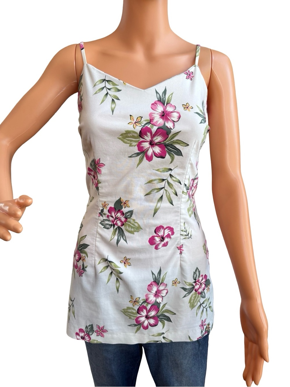 Floral Spaghetti Strap Cami Top - Pink Floral on White
